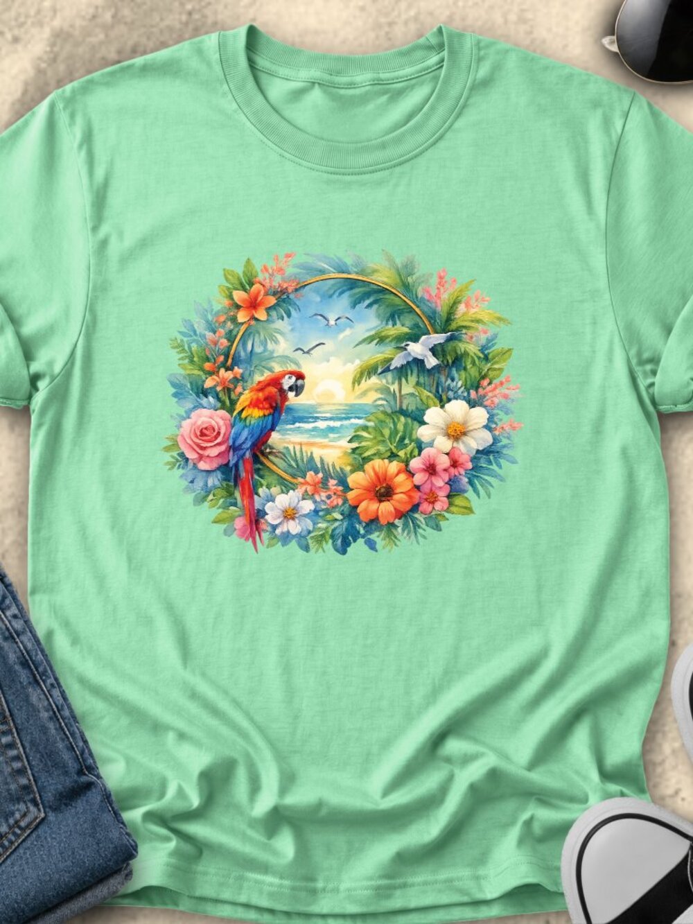 Tropical Bird Tshirt Graphic Tee Adult Mackaw Summer Beach Vacation Floral Color
